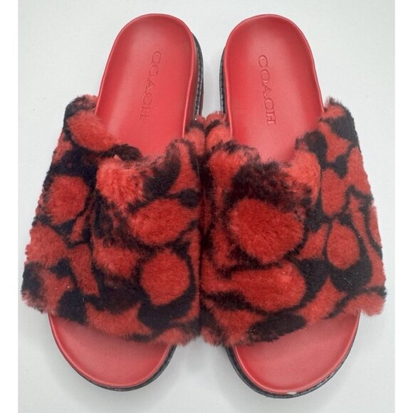 Coach Women's Khloe Slide Plush Shearling Sandals Raspberry Black Size 8.5 - Picture 2 of 11